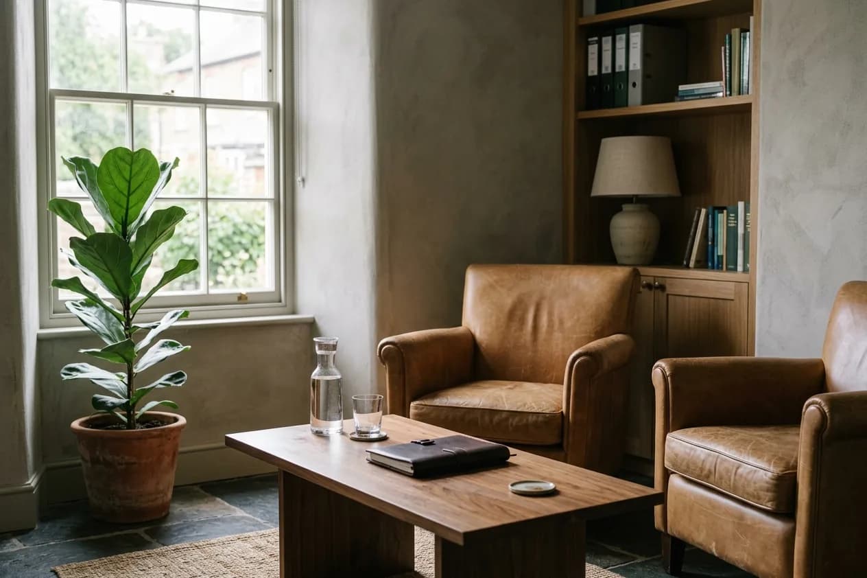 Rincón de reuniones de una asesoría con dos sillones de cuero, una mesa baja de nogal y una planta junto a la ventana.