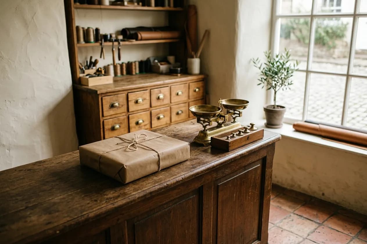 Mostrador de un taller artesano con un paquete atado con cordel, una balanza de latón y un mueble de cajones.