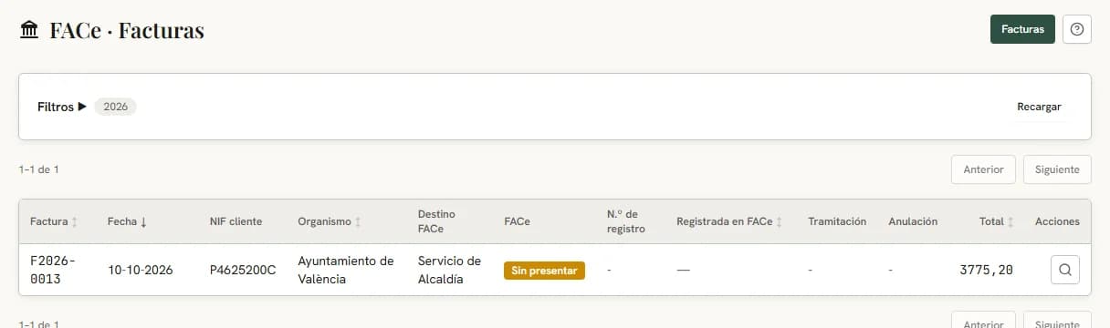 Lista de facturas a administraciones con el organismo, el destino FACe, el estado en FACe y el total.