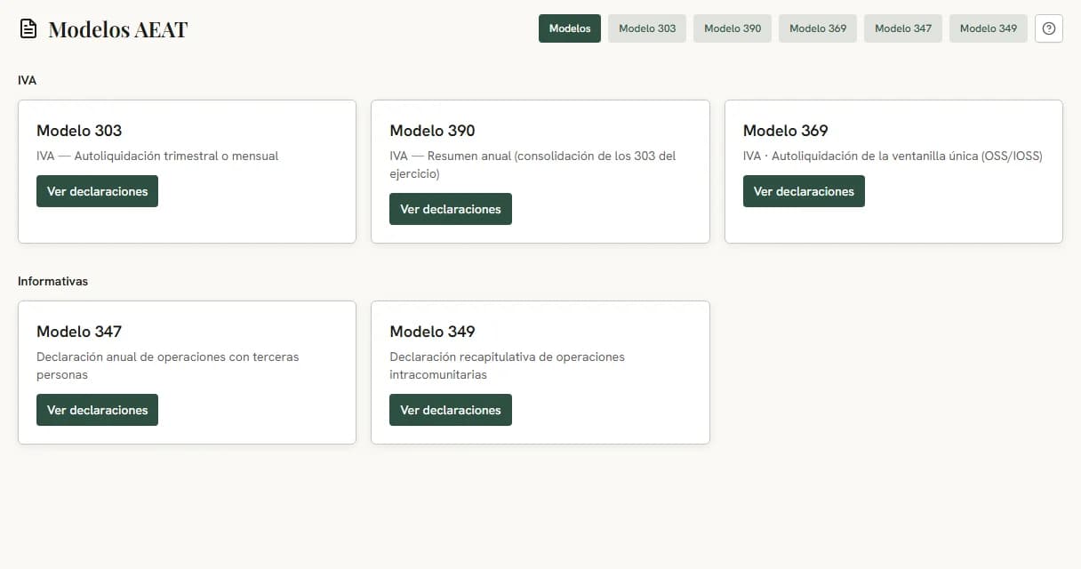 Modelos AEAT disponibles: 303, 390 y 369 del IVA, y 347 y 349 informativos.