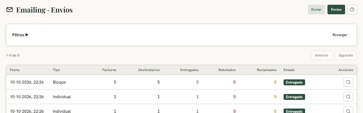 Historial de envíos por email con el tipo, las facturas, los destinatarios, los entregados, los rebotados y el estado.