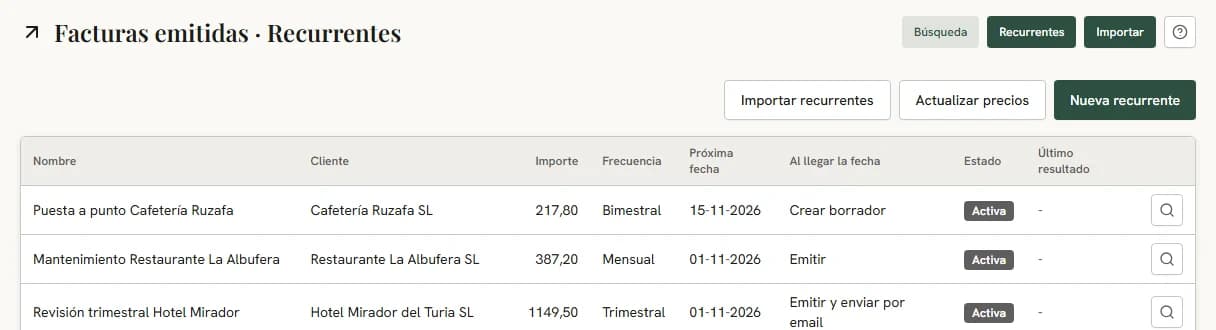 Lista de plantillas recurrentes con su cliente, importe, frecuencia, próxima fecha y acción al llegar la fecha.